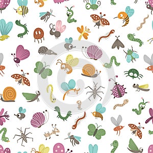 Vector seamless pattern with hand drawn flat funny insects. Cute repeat background with bugs. Sweet creepy-crawly ornament for photo