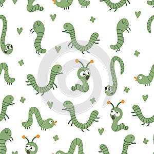 Vector seamless pattern with hand drawn flat funny insects. Cute repeat background with green caterpillars. Sweet creepy-crawly photo