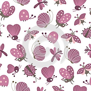 Vector seamless pattern with hand drawn flat funny insects. Cute repeat background with purple cater butterflies, moths,