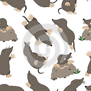 Vector seamless pattern of hand drawn flat funny moles in different poses. Cute repeat background. Sweet animalistic ornament for