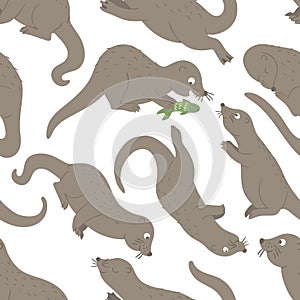 Vector seamless pattern with hand drawn flat funny otters in different poses. Cute repeat background. Sweet animalistic ornament