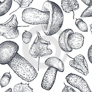 Vector seamless pattern with hand drawn forest mushrooms.