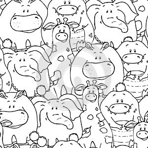 Vector seamless pattern with hand-drawn funny cute fat animals. Silhouettes of animals on a white background. Fun texture with