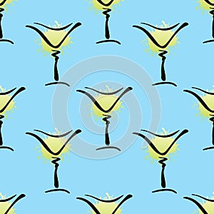 Vector seamless pattern with hand drawn glass of Margarita cocktail on blue