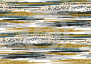 Vector seamless pattern with hand drawn gold glitter textured brush strokes and stripes hand painted.