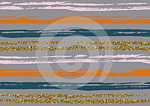 Vector seamless pattern with hand drawn gold glitter textured rough brush strokes and stripes hand painted