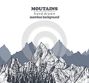 Vector seamless pattern with hand drawn graphic mountain ranges and pine forest.