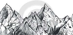 Vector seamless pattern with hand drawn graphic mountain ranges and pine forest.