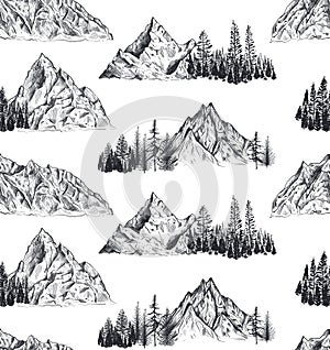 Vector seamless pattern with hand drawn graphic mountain ranges and pine forest.