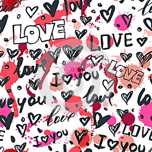 Vector seamless pattern with hand drawn hearts and word love. Black and white sketched ink icons and watercolor stains