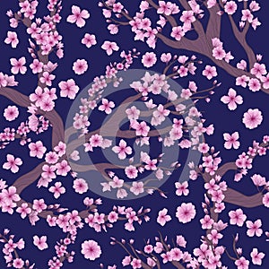 Vector seamless pattern with hand drawn illustration of sakura branch with flower on blue background. Romantic japanese cherry bra