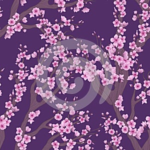 Vector seamless pattern with hand drawn illustration of sakura branch with flower on purple background. Romantic japanese cherry b