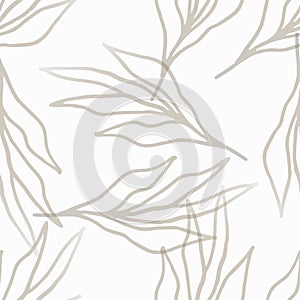 Vector seamless pattern with hand drawn line botany plant leaves on white background