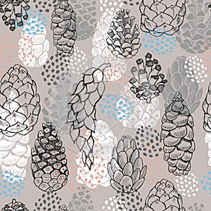 Vector seamless pattern with hand drawn pine cones