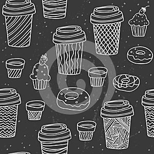 Vector seamless pattern with hand drawn plastic and paper coffee cups, donuts and cupcakes. Chalkboard concept design