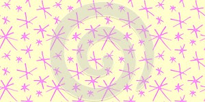 Vector seamless pattern from hand drawn primitive stars, flowers in doodle flat style. Bright simple background and texture.