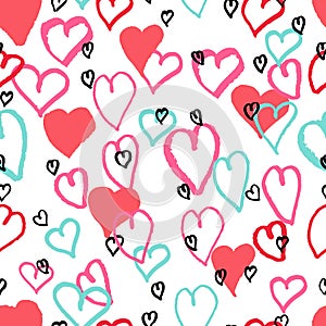 Vector seamless pattern with hand drawn red, blue and black hearts of doodles. Romantic background Valentine s Day