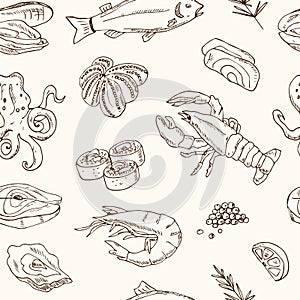 Vector seamless pattern with hand drawn seafood illustration - fresh fish, lobster, crab, oyster, mussel, squid and