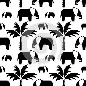 Vector Seamless pattern with hand drawn silhouette elephants and baby elephant, palm trees