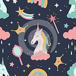 Vector seamless pattern with hand drawn unicorns, pony, stars, clouds, rainbows, magic wands, crowns, mirrors and comets