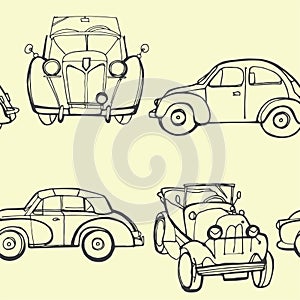 Vector seamless pattern with hand drawn vintage cars made in textured way. Beautiful design elements, perfect for