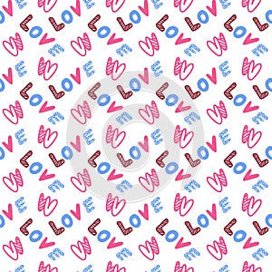 Vector seamless pattern with hand drawn word love and hearts.