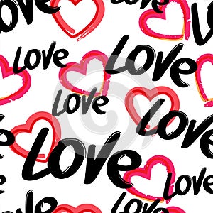 Vector seamless pattern with hand drawn word love and red heart, isolated on white background.