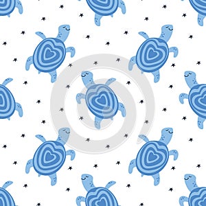 Vector seamless pattern of handdrawn cute turtle with heart shape shell on the white background with stars. Concept for kids