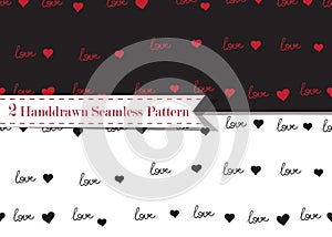 Vector seamless pattern with handwritten Love word and hearts. Romantic design