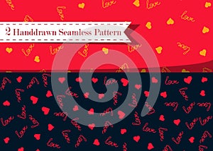 Vector seamless pattern with handwritten Love word and hearts. Romantic design, perfect for Valentine s day prints and