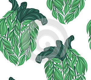 Vector seamless pattern with healthy human hearts made of leaves on white background. Texture on healthy eco friendly lifestyle