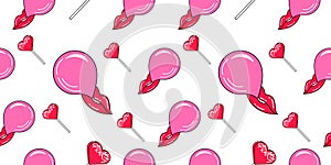 Vector Seamless pattern of Heart Candy, Lips and Bubble Gums on white background. Copy past trendy Pink illustration