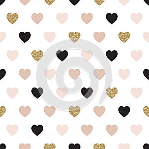 Vector seamless pattern with hearts of rose, gold, and black. Shiny sparkling background with glitter on white.