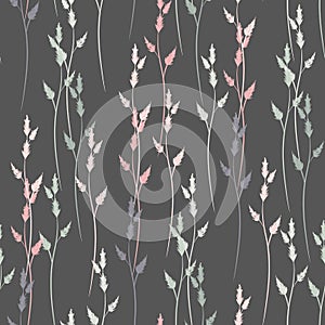 Vector seamless pattern with herbs and grasses. Thin delicate lines silhouettes of plants.
