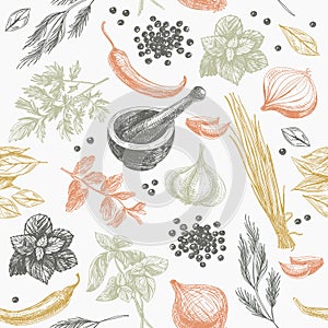 Vector seamless pattern with herbs and spices