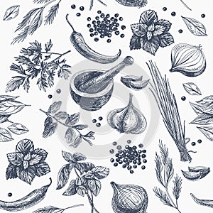 Vector seamless pattern with herbs and spices