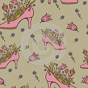 Vector seamless pattern of high heels with blooming flowers. Woman shoe with flowers