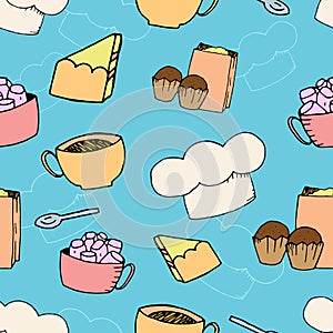 Vector seamless pattern, home baking, cooking on a blue background