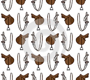 Vector seamless pattern of horse bridle and saddle
