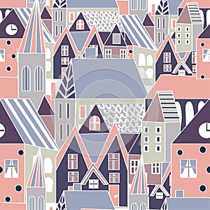 Vector seamless pattern with houses, cartoon hand drawn city background for funny design