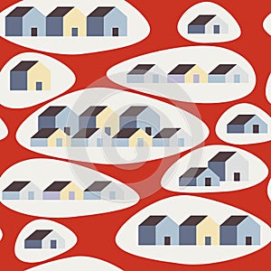 Vector seamless pattern with houses on snow white geometric shape on red background. Property sale. Village. Sustainable home