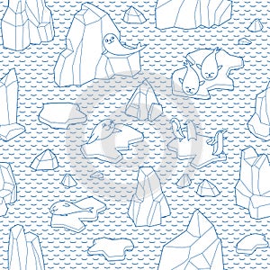 Vector Seamless pattern with iceberg, seals, penguins and ice floes.