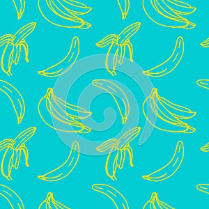 Vector seamless pattern with illustration of bananas in line art yellow color on a blue