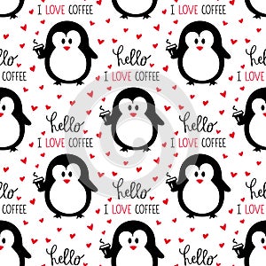 Vector seamless pattern illustration with cute hand drawn black Penguin