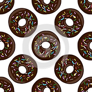 Vector seamless pattern illustration of donuts in chocolate glaze on a white