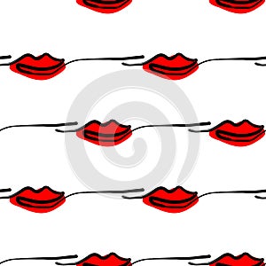 Vector seamless pattern illustration with red lips in abstract line style on white