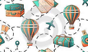 Vector seamless pattern with illustration of suitcase, map, hot air balloon, plane, location icon with aircraft route.