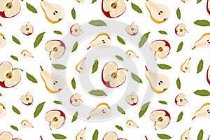 Vector seamless pattern with the image of halves of a red apple and pear, green leaf. Colorful design for print menus, recipes,