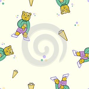 Vector seamless pattern imaging colorful smiling bear holding an ice cream