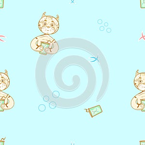 Vector seamless pattern imaging smiling cat with a cup of tea or coffee in paws